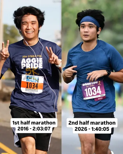 Side-by-side race photos wearing bib 1034: on the left at the 2016 Modesto half marathon labeled 2:03:07, on the right at the 2026 Urban Cow Half labeled 1:40:05